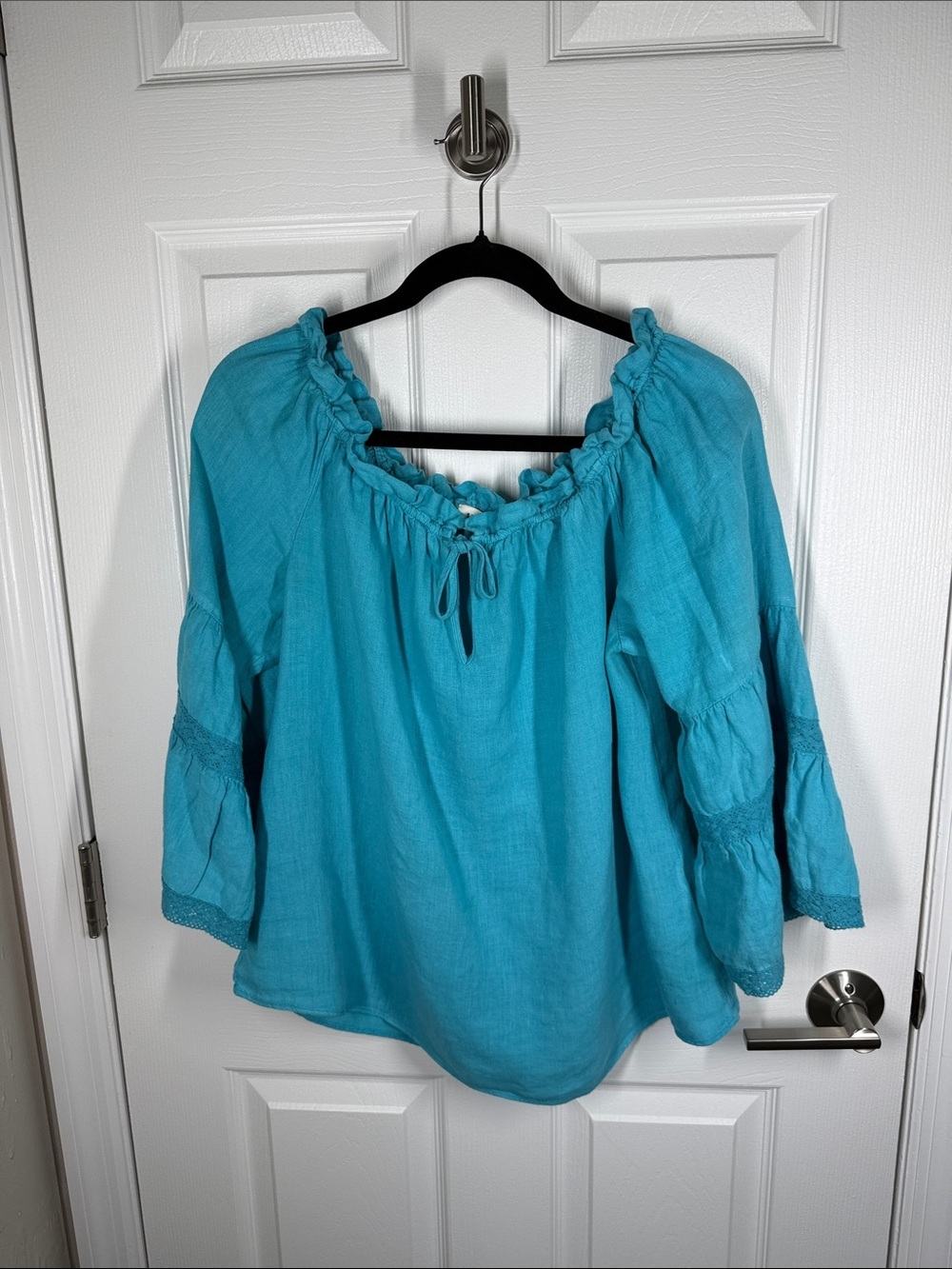 Hale Bob Turquoise linen puff sleeve peasant top size small